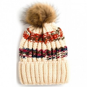 Skullies & Beanies Women Winter Soft Knitted Beanie Hat Fur Pom Beanie Fleece Lined Extra Thick - Beige - CJ189H4XQCO $26.64