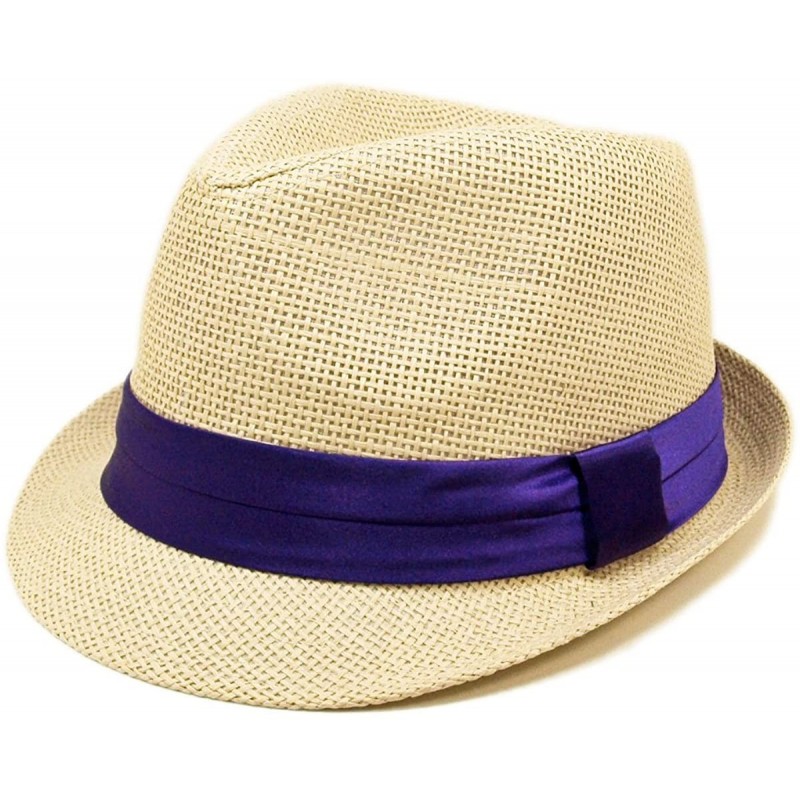Fedoras Classic Natural Fedora Straw Hat Band Available - Purple Band - C711DLIF48N $20.44