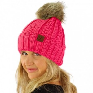 Skullies & Beanies Winter Sherpa Fleeced Lined Chunky Knit Stretch Pom Pom Beanie Hat Cap - Solid New Cd Pink - CZ18K2OU4WW $...