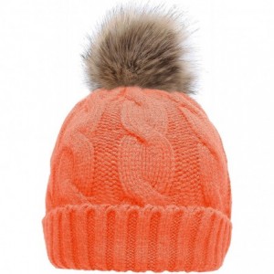 Skullies & Beanies Women's Winter Ribbed Knit Faux Fur Pompoms Chunky Lined Beanie Hats - A Twist Orange - CX184ROUR5T $27.05