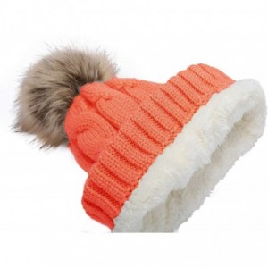 Skullies & Beanies Women's Winter Ribbed Knit Faux Fur Pompoms Chunky Lined Beanie Hats - A Twist Orange - CX184ROUR5T $27.37