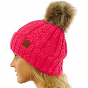 Skullies & Beanies Winter Sherpa Fleeced Lined Chunky Knit Stretch Pom Pom Beanie Hat Cap - Solid New Cd Pink - CZ18K2OU4WW $...