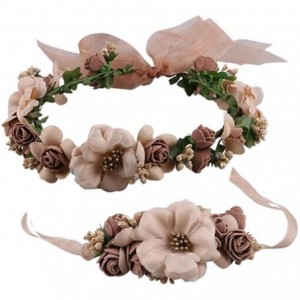 Headbands Rose Flower Crown Wreath Wedding Headband Wrist Band Set - Coffee - CU12O64JOQ1 $21.91