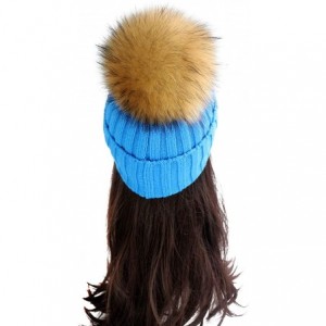 Skullies & Beanies Women Cable Knit Beanie Raccoon Fur Fuzzy Pompom Chunky Winter Stretch Skull Cap Cuff Hat - 27blue - CY18W...