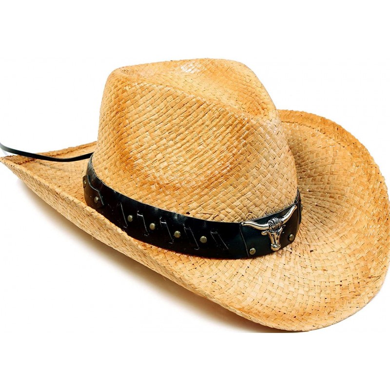Cowboy Hats Men & Women's Woven Straw Cowboy Hat w/Hat Band - Bull_beige/ Brown Band - CB180O5MMEC $41.22