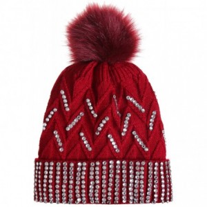 Skullies & Beanies Women Winter Knit Beanie-Hats- Pompom-Hats Warm Chunky-Elastic Shiny Ears for Women - Mz012-red - CI18XTUM...