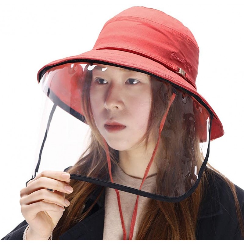 Sun Hats Womens UPF50+ Linen/Cotton Summer Sunhat Bucket Packable Hats w/Chin Cord - 00016_red(with Face Shield) - CK188TE4C3...