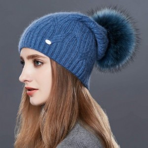 Skullies & Beanies Winter Hats for Women Fur Pom Pom Hats Knitted Cuff Bobble Beanie Warm Wool Ski Cap - Logo-blue&blue Fur P...