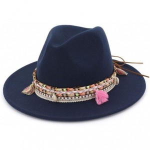 Fedoras Women's Felt Fedora Hat Wide Brim Panama Hats with Tassel - Blue - CM18TRN3Q9K $27.00