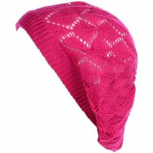 Berets Chic Parisian Style Soft Lightweight Crochet Cutout Knit Beret Beanie Hat - Leafy Fuchsia - CM18E5C32OD $21.90