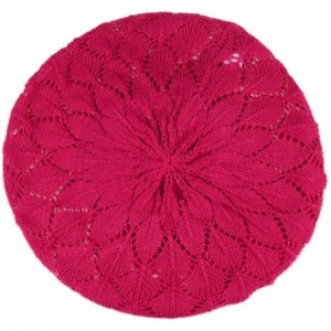 Berets Chic Parisian Style Soft Lightweight Crochet Cutout Knit Beret Beanie Hat - Leafy Fuchsia - CM18E5C32OD $22.16