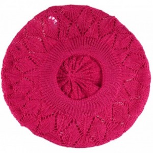 Berets Chic Parisian Style Soft Lightweight Crochet Cutout Knit Beret Beanie Hat - Leafy Fuchsia - CM18E5C32OD $22.16