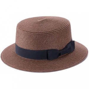 Sun Hats Womens Mini Straw Boater Hat Fedora Panama Flat Top Ribbon Summer A456 - Brown - CX185O3U6CS $22.22