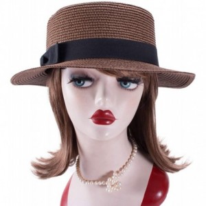 Sun Hats Womens Mini Straw Boater Hat Fedora Panama Flat Top Ribbon Summer A456 - Brown - CX185O3U6CS $21.95