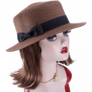 Sun Hats Womens Mini Straw Boater Hat Fedora Panama Flat Top Ribbon Summer A456 - Brown - CX185O3U6CS $21.95