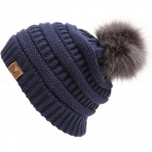 Skullies & Beanies Women's Soft Stretch Cable Knit Warm Skully Faux Fur Pom Pom Beanie Hats - Navy - C618GQRUG4C $9.06