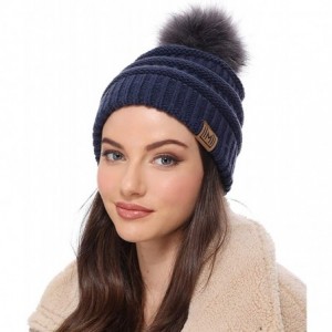 Skullies & Beanies Women's Soft Stretch Cable Knit Warm Skully Faux Fur Pom Pom Beanie Hats - Navy - C618GQRUG4C $22.64