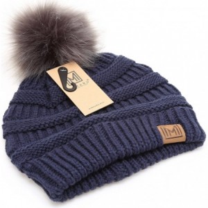 Skullies & Beanies Women's Soft Stretch Cable Knit Warm Skully Faux Fur Pom Pom Beanie Hats - Navy - C618GQRUG4C $22.64