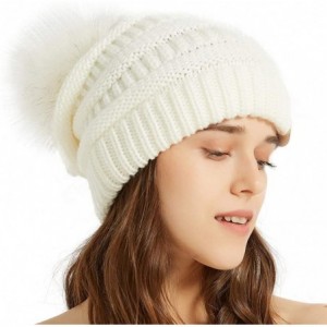 Skullies & Beanies Womens Winter Knit Slouchy Beanie Chunky Hats Bobble Hat Ski Cap with Faux Fur Pompom - White - CH18YSWN03...