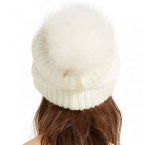 Skullies & Beanies Womens Winter Knit Slouchy Beanie Chunky Hats Bobble Hat Ski Cap with Faux Fur Pompom - White - CH18YSWN03...