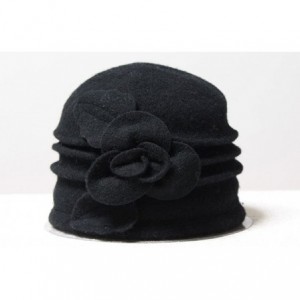 Fedoras Women 100% Wool Solid Color Round Top Cloche Beret Cap Flower Fedora Hat - 4 Black - CS186WYUKZY $31.93