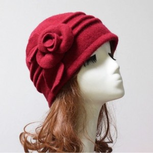 Fedoras Women 100% Wool Solid Color Round Top Cloche Beret Cap Flower Fedora Hat - 4 Black - CS186WYUKZY $13.92