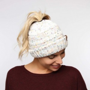 Skullies & Beanies Confetti Sparkle Knitted Ponytail Beanie with Stretch Cable on top for Messy Bun - White - CH18K0SE2UK $21.94