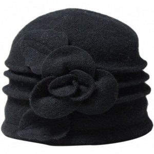 Berets Women 100% Wool Solid Color Round Top Cloche Beret Cap Flower Fedora Hat - 4 Black - CW186WYUKZY $36.12