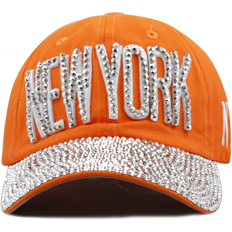 Baseball Caps Beaded Shiny Studded New York Premium Cap - Orange - CI12DA6OTWL $27.96