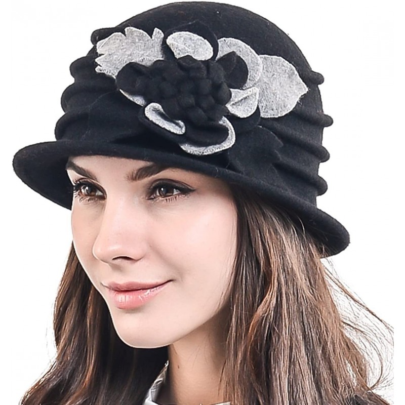 Bucket Hats Women's Elegant Flower Wool Cloche Bucket Ridgy Bowler Hat 09-co20 - Black - C0125YOO3IX $55.13