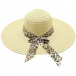 Sun Hats Women Lady Leopard Ribbon Mesh Wide Brim Floppy Beach Hat Straw Hat Sun Hat - Light Beige - CJ18OQSC625 $16.26