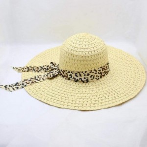 Sun Hats Women Lady Leopard Ribbon Mesh Wide Brim Floppy Beach Hat Straw Hat Sun Hat - Light Beige - CJ18OQSC625 $18.64