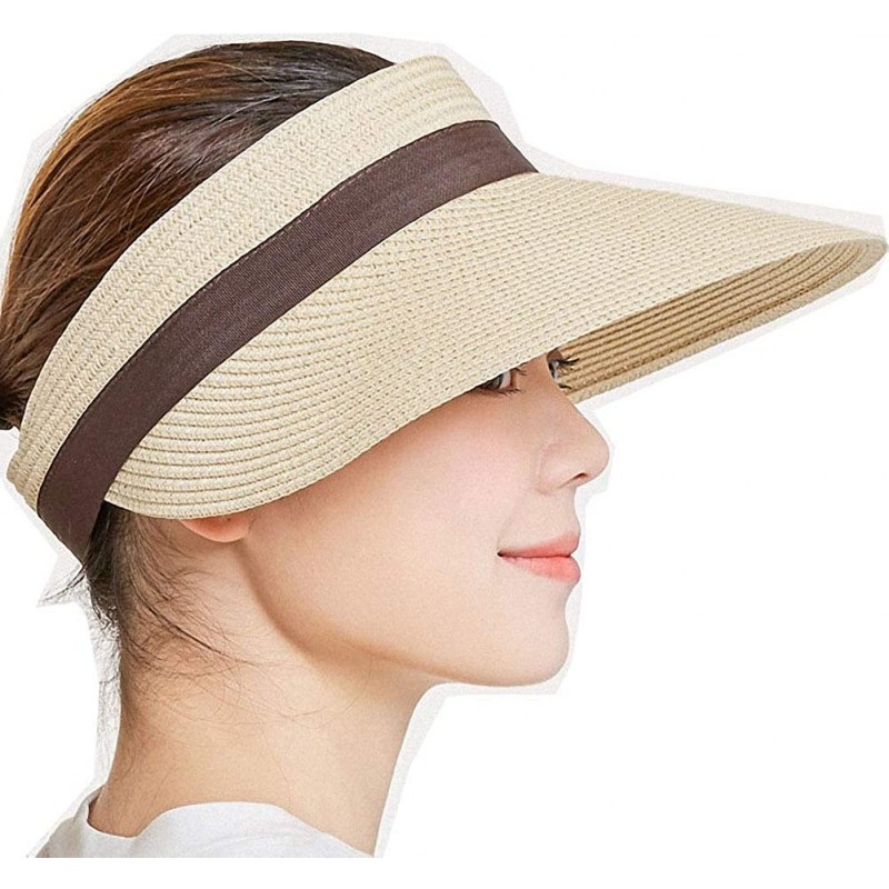 Sun Hats Women's Summer Foldable Straw Sun Visor w/Cute Bowtie UPF 50+ Packable Wide Brim Roll-Up Visor Beach Hat - CF18RM624...