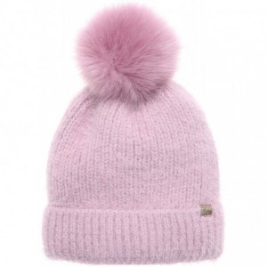 Skullies & Beanies Women's Winter Cozy Solid Color Fuzzy Knitted Beanie Hat with Faux Fur Pom Pom - Lilac - C218AT4XAMQ $27.45