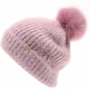 Skullies & Beanies Women's Winter Cozy Solid Color Fuzzy Knitted Beanie Hat with Faux Fur Pom Pom - Lilac - C218AT4XAMQ $27.11