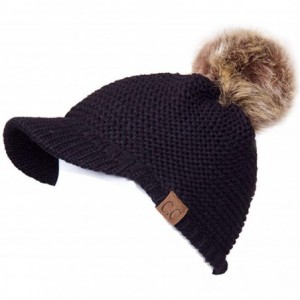Skullies & Beanies Women's Exclusive Knitted Brim Visor Beanie with Fur Pom Pom - Black - C612K7GGC7N $34.02