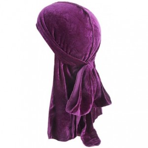 Skullies & Beanies Men's Soft Velvet Long Tail Wide Straps Durag Solid Color Cap Turban Headwrap - Purple - CG18GRDKKOD $19.47