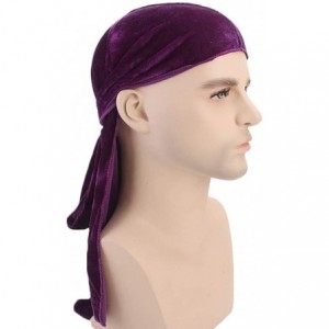 Skullies & Beanies Men's Soft Velvet Long Tail Wide Straps Durag Solid Color Cap Turban Headwrap - Purple - CG18GRDKKOD $8.38