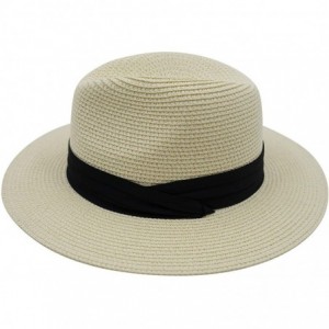 Sun Hats Womens Wide Brim Fedora Straw Hat Beach Sun Hat Panama Hat - Beige - C218QOZGSGW $30.62
