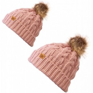 Skullies & Beanies Winter Warm Cable Knit Faux Fur Pom Pom Beanie - Mommy & Me Set Pink - CO180G8KIQY $29.77