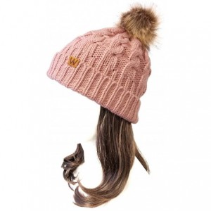 Skullies & Beanies Winter Warm Cable Knit Faux Fur Pom Pom Beanie - Mommy & Me Set Pink - CO180G8KIQY $34.53