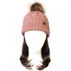 Skullies & Beanies Winter Warm Cable Knit Faux Fur Pom Pom Beanie - Mommy & Me Set Pink - CO180G8KIQY $13.89
