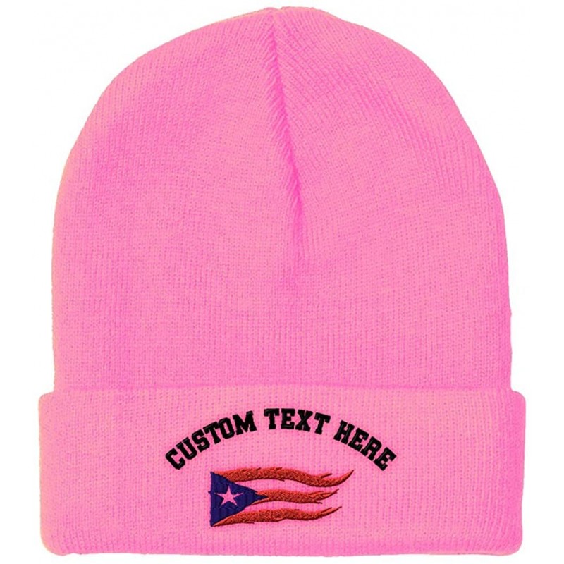 Skullies & Beanies Custom Beanie for Men & Women Puerto Rico Flame Flag on Black Embroidery Acrylic - Soft Pink - CQ18ZS3O7D5...