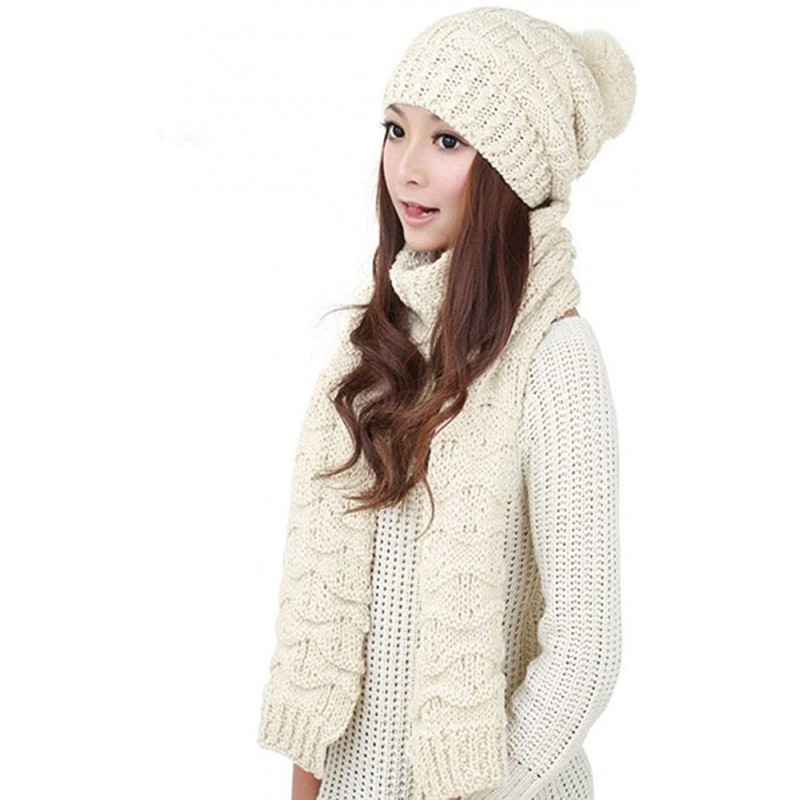 Skullies & Beanies Lady Women's Lady Girl Scarf and Hat 2pcs Set Knitted Winter Warm Skull caps Thicken Beanie Cap - White - ...