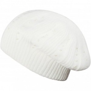 Skullies & Beanies Women's Angora Blend Beanie Hat - Dual Layer Pearl Accent Edge - Slouch Beanie - White - C311GK9IECX $41.37