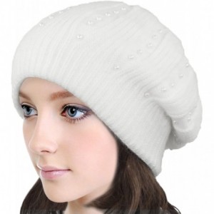 Skullies & Beanies Women's Angora Blend Beanie Hat - Dual Layer Pearl Accent Edge - Slouch Beanie - White - C311GK9IECX $43.61