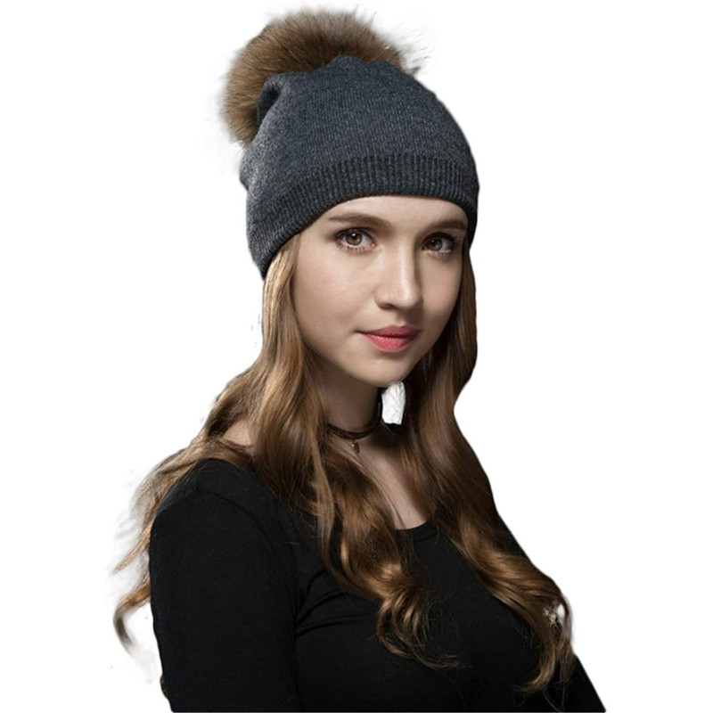 Skullies & Beanies Women Winter Kintted Beanie Hats with Real Fox Fur Pom Pom - Z-deep Grey - C918L8GZUZN $32.47
