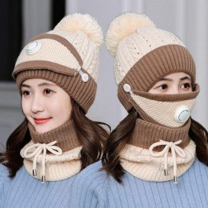 Skullies & Beanies Fleece Lined Knit Beanie Scarf Mouth Mask Set for Girl and Women Winter Ski Hat with Pompom - CP18ZDA6CZ8 ...