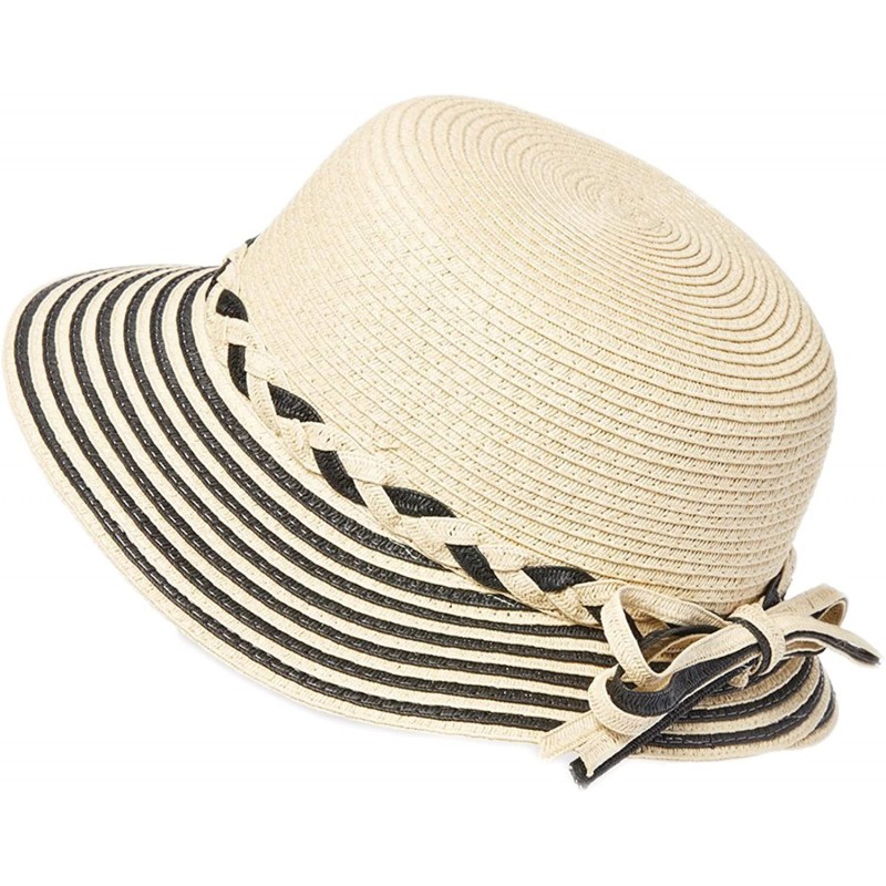 Sun Hats Striped Summer Straw Cloche w/Braided Headband- Bucket Hat for Ponytail UPF 50 - Black - CQ18CY8RY5X $50.65