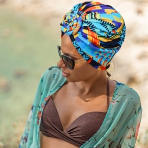 Skullies & Beanies 3 Pieces African Turban for Women Knot Pre-Tied Bonnet Beanie Cap Headwrap - Blue Green Pink Geometry - C4...